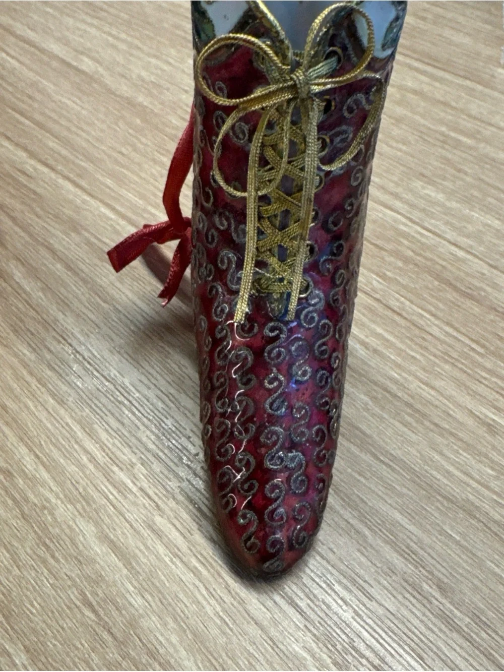 Vintage Cloisonné  Boot Holiday Ornament with Gold bow 4”